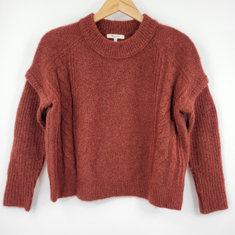 Madewell Cable Knit Crewneck Sweater Women XXS Rust Alpaca Wool Blend Oversize